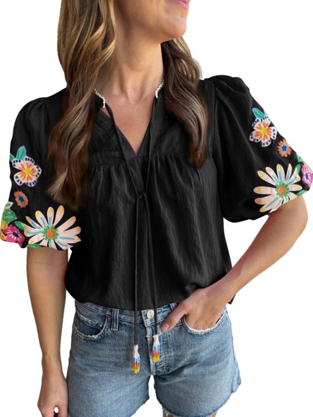 Floral Embroidered V Neck Boho Top | Women's Casual Short Puff Sleeve Blouse